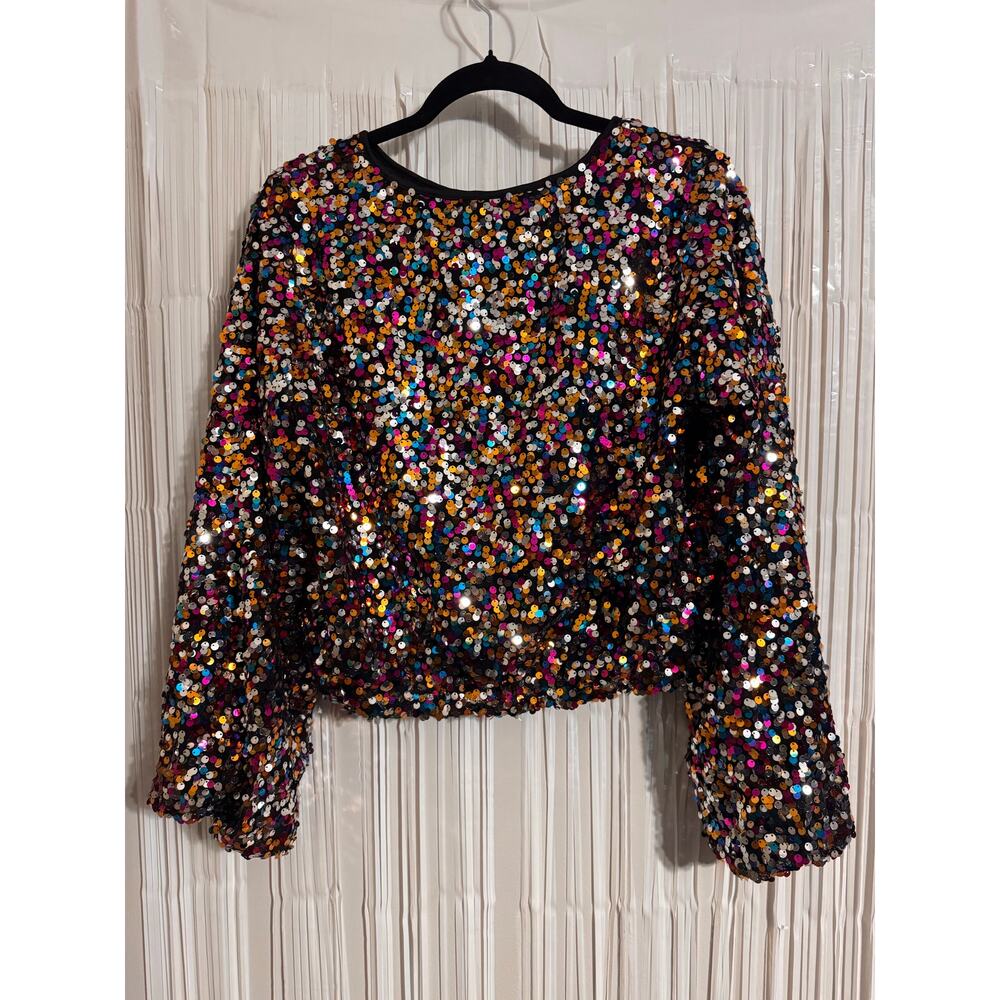 Y2K Sequin Crop Top Long Sleeve – Sparkly Clubwear Fits S/M Party Glitter Blouse